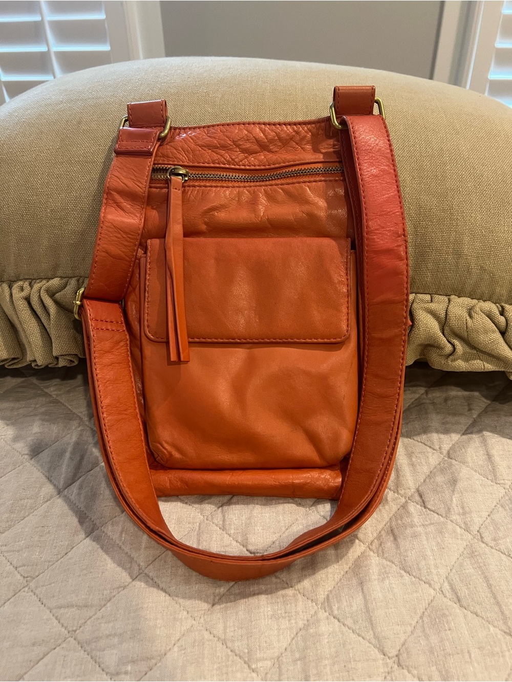 HOBO Orange Leather Crossbody with Front Pocket